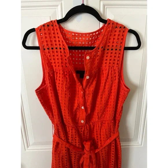 J. Crew All Over Eyelet Sleeveless Button-Down Belted Dress in Red. - Picture 2 of 9
